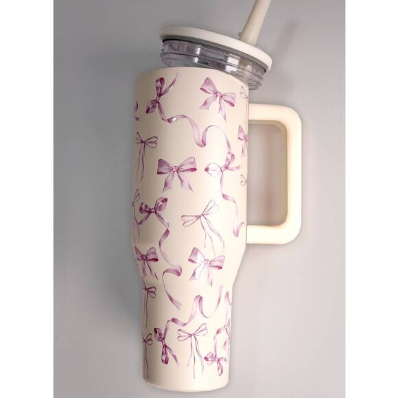 40 oz Purple Cream Coquette Bow Insulated Stainless Steel Tumbler with Handle - Picture 2 of 5